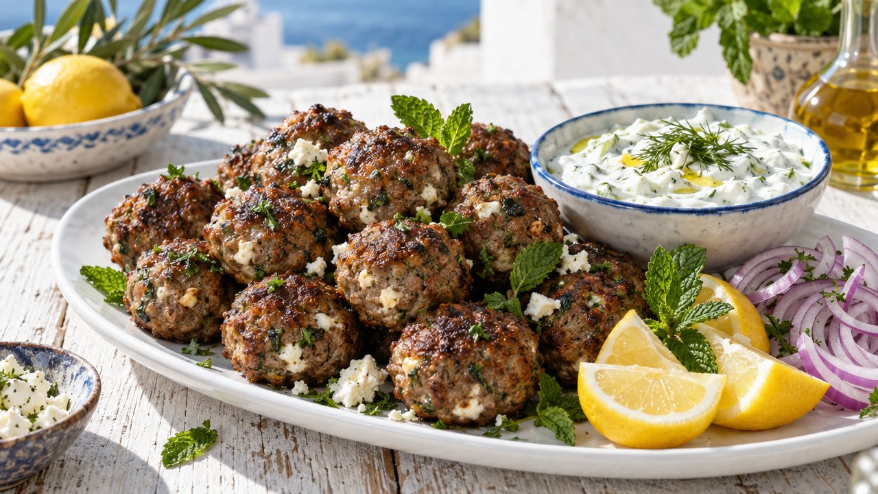 Keftedes (Greek Meatballs with Mint & Feta), plated and ready to serve
