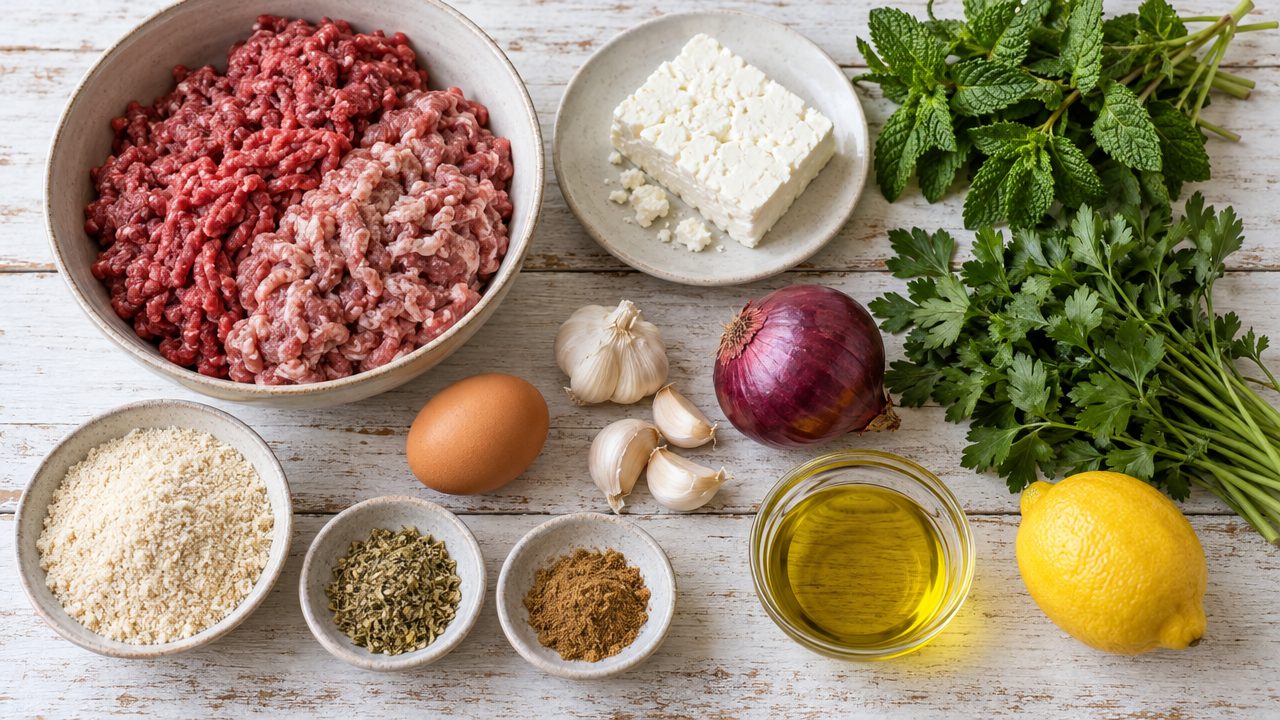 Ingredients for Keftedes (Greek Meatballs with Mint & Feta)