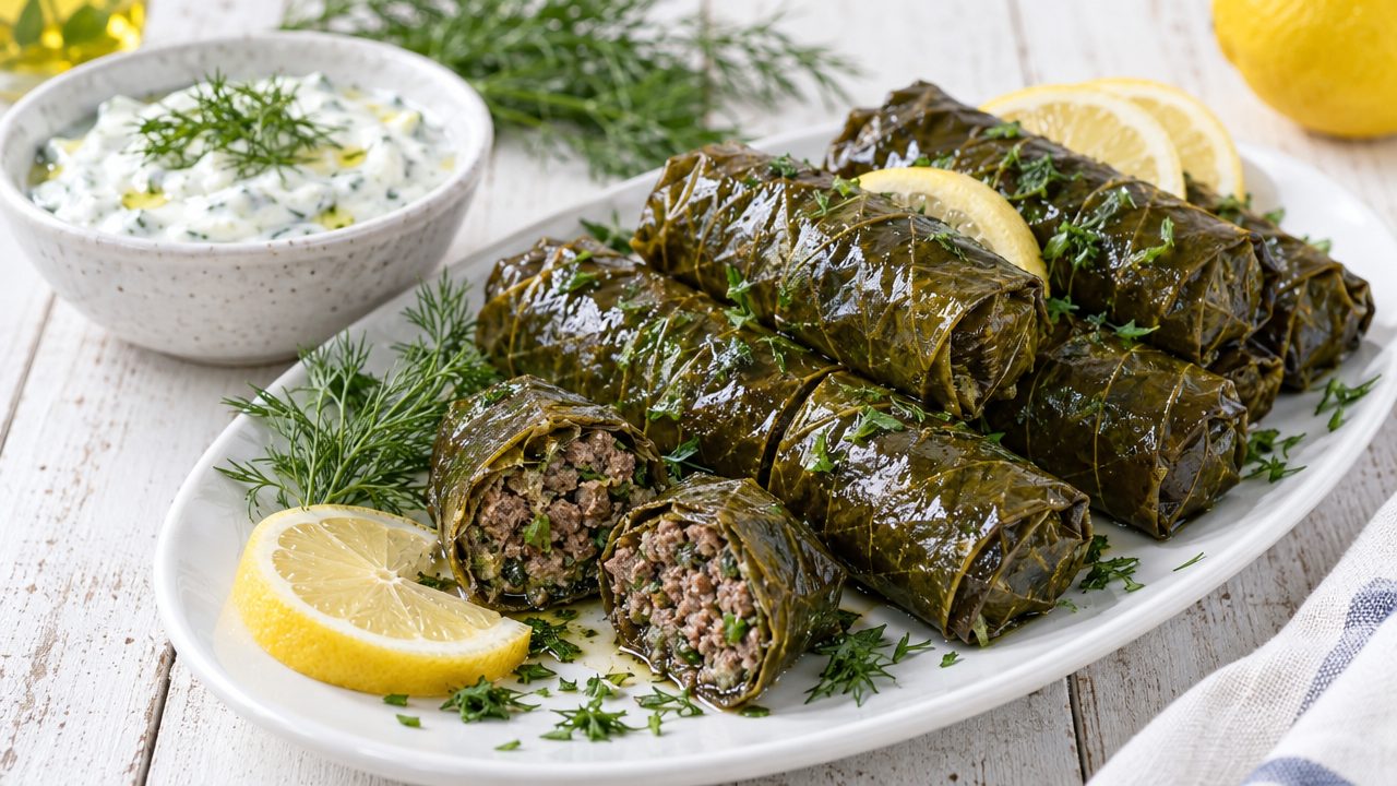 Keto Dolmades (Stuffed Grape Leaves), plated and ready to serve