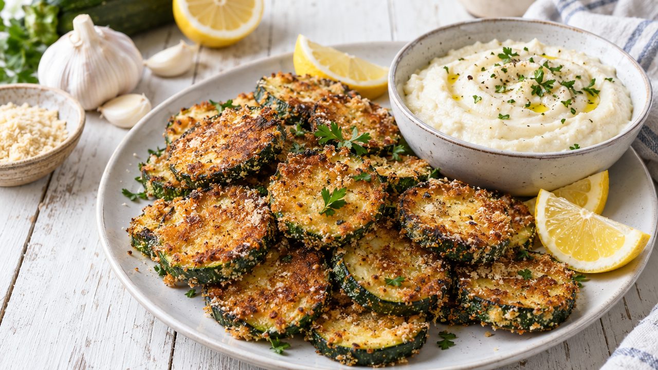 Kolokithakia Tiganita — Fried Zucchini with Skordalia, plated and ready to serve