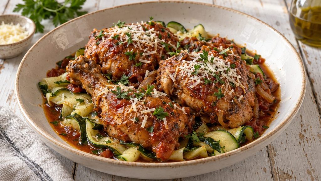 Kotopoulo Kapama — Chicken Braised with Cinnamon and Tomato, plated and ready to serve