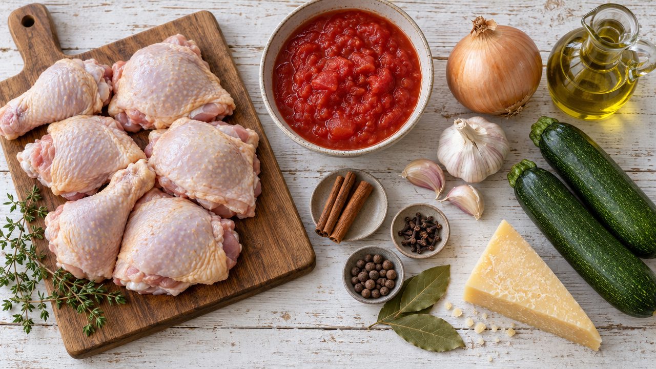 Ingredients for Kotopoulo Kapama — Chicken Braised with Cinnamon and Tomato