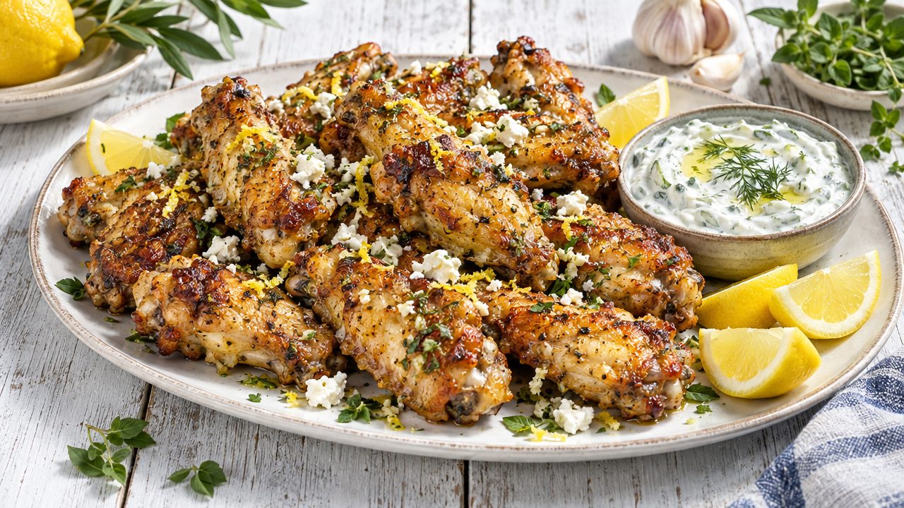 Kotopoulo Podarakia -- Grilled Chicken Wings with Lemon and Oregano, plated and ready to serve