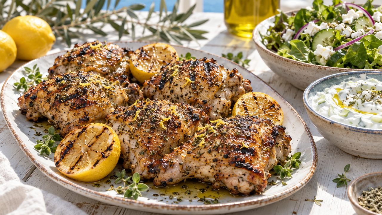 Kotopoulo sti Schara — Greek Grilled Chicken with Lemon, plated and ready to serve
