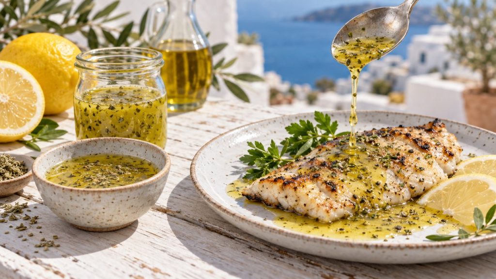 Ladolemono — Greek Lemon-Olive Oil Dressing, plated and ready to serve