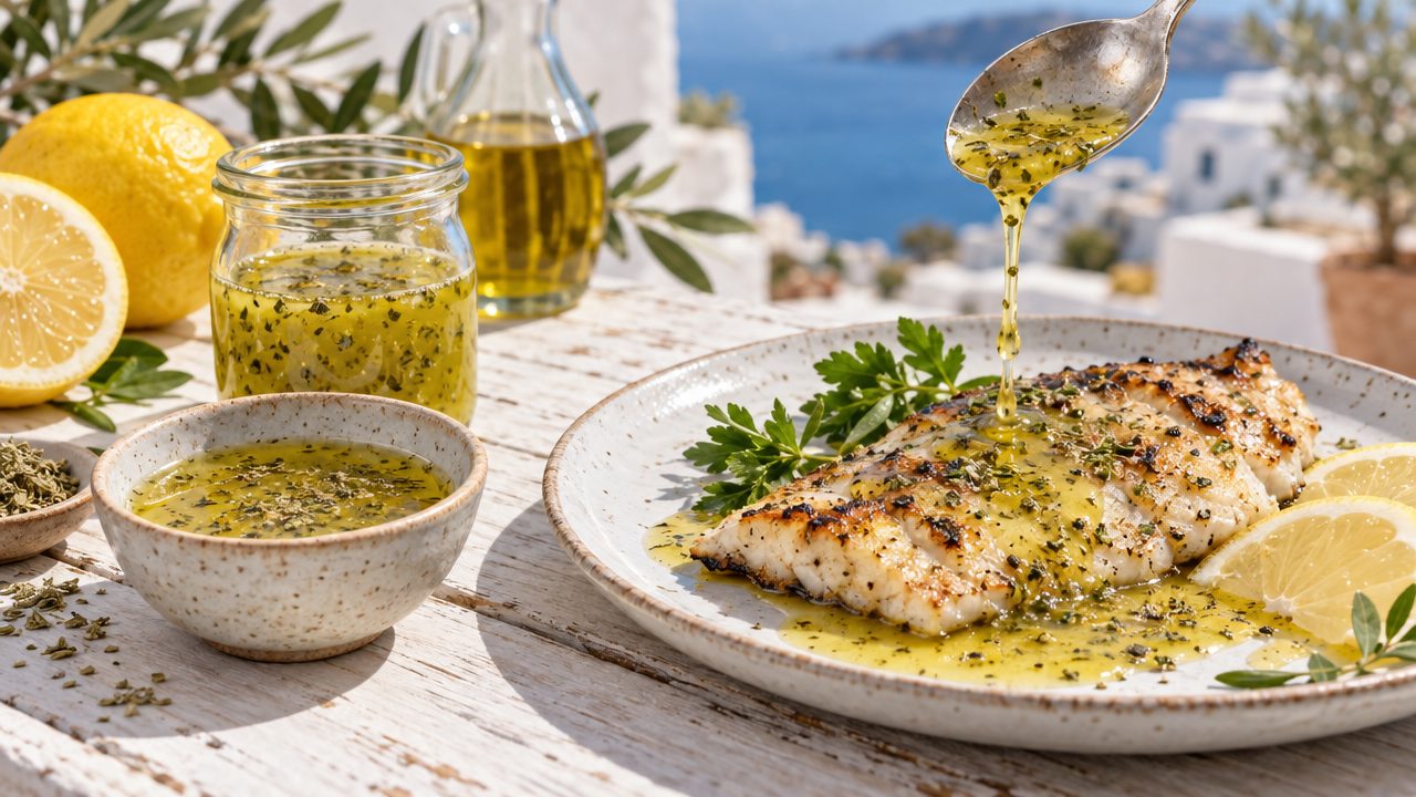 Ladolemono — Greek Lemon-Olive Oil Dressing, plated and ready to serve