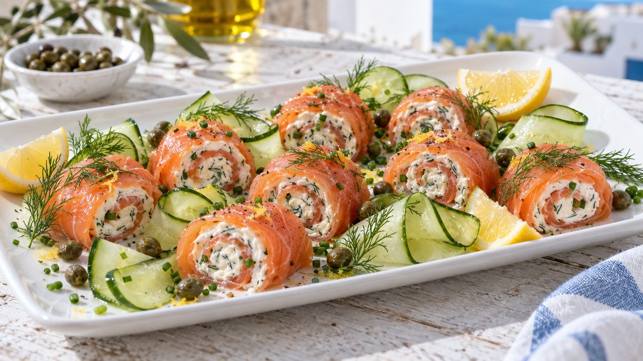 Lemon-Herb Smoked Salmon Roll-Ups, plated and ready to serve