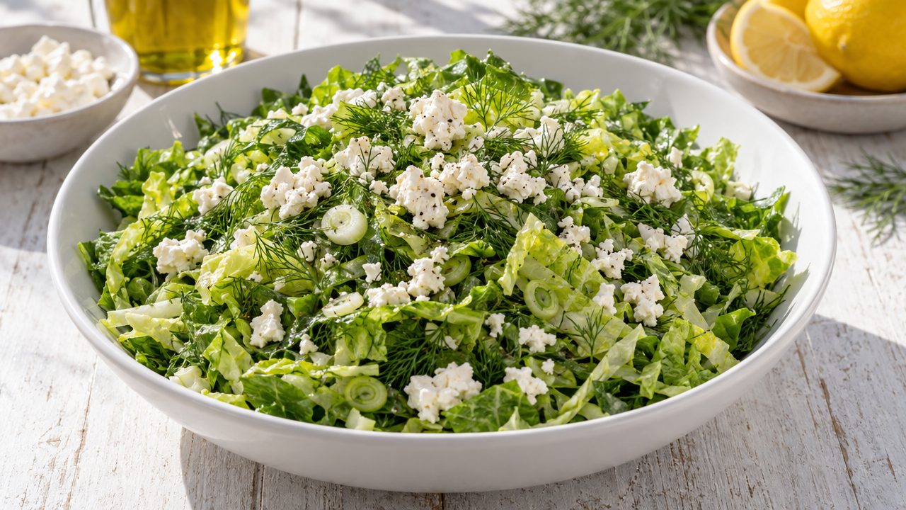 Maroulosalata — Greek Romaine Salad with Dill, plated and ready to serve