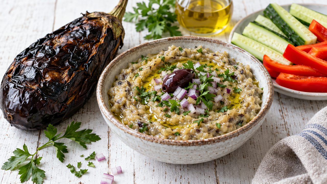 Melitzanosalata (Smoky Eggplant Dip), plated and ready to serve