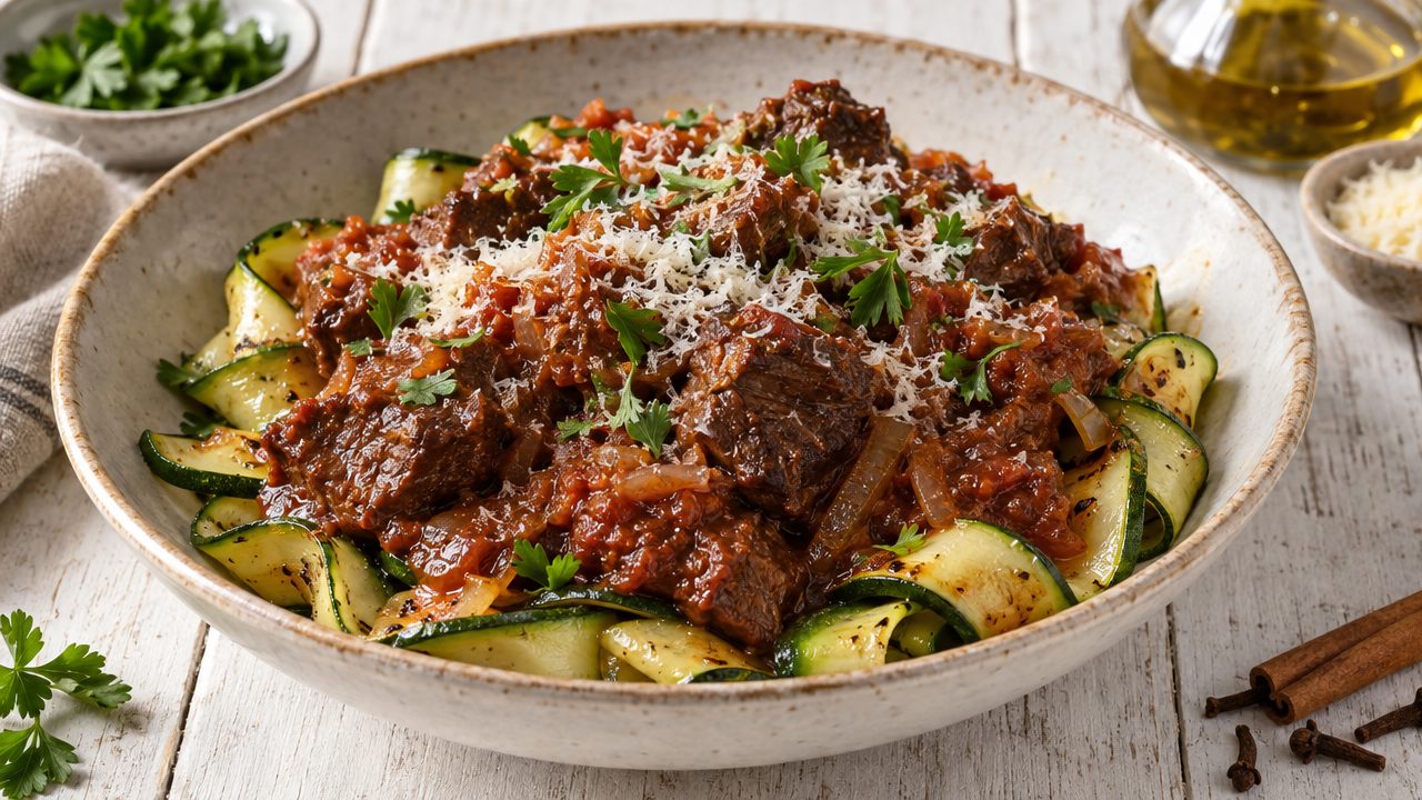 Pastitsada — Corfu-Style Braised Beef, plated and ready to serve