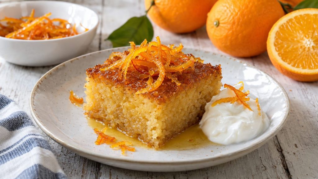 Portokalopita — Greek Orange Cake, plated and ready to serve