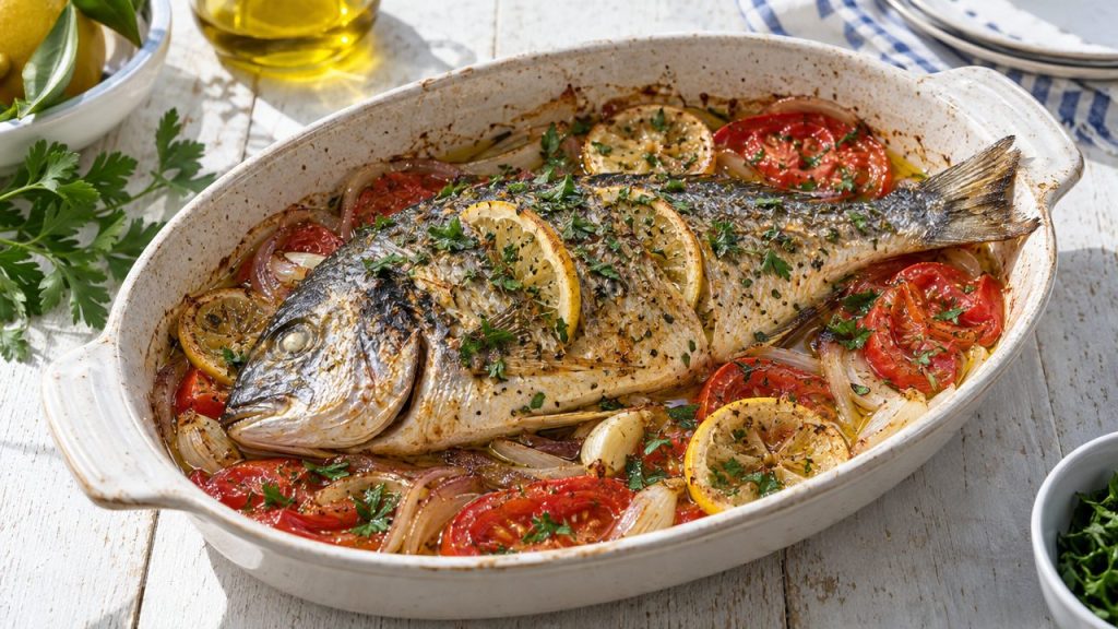 Psari sto Fourno — Greek Baked Fish, plated and ready to serve