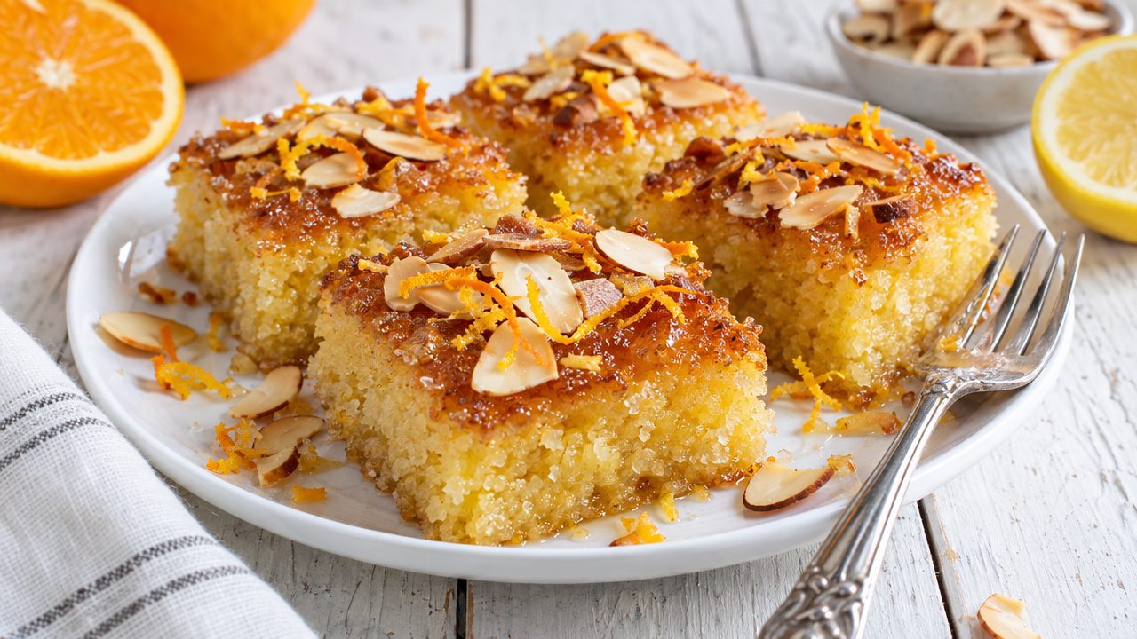 Revani — Semolina-Free Almond Cake in Syrup, plated and ready to serve
