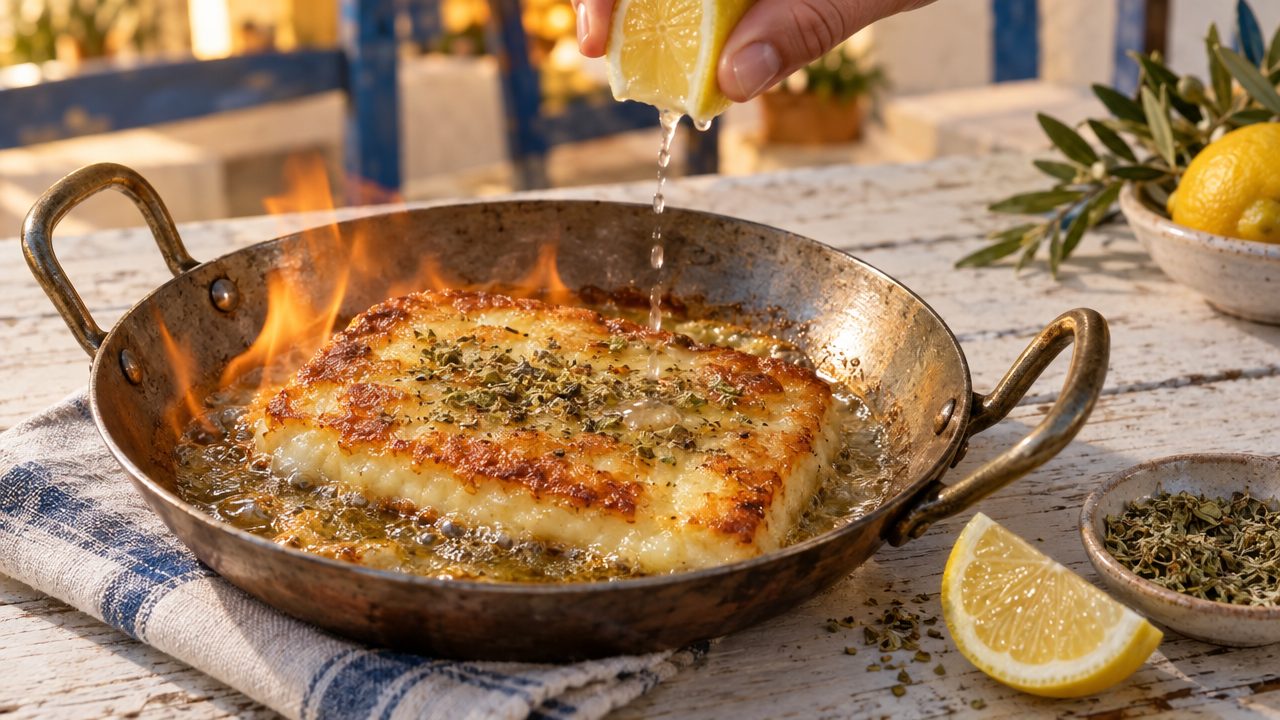 Saganaki — Pan-Fried Cheese with Brandy, plated and ready to serve