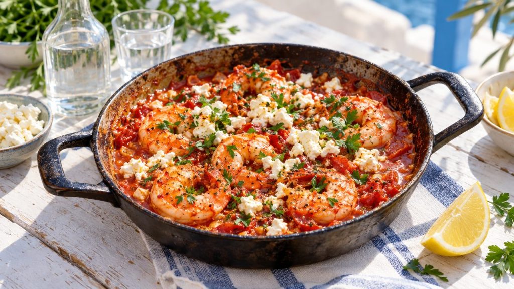 Shrimp Saganaki — Baked Shrimp with Feta and Tomato, plated and ready to serve