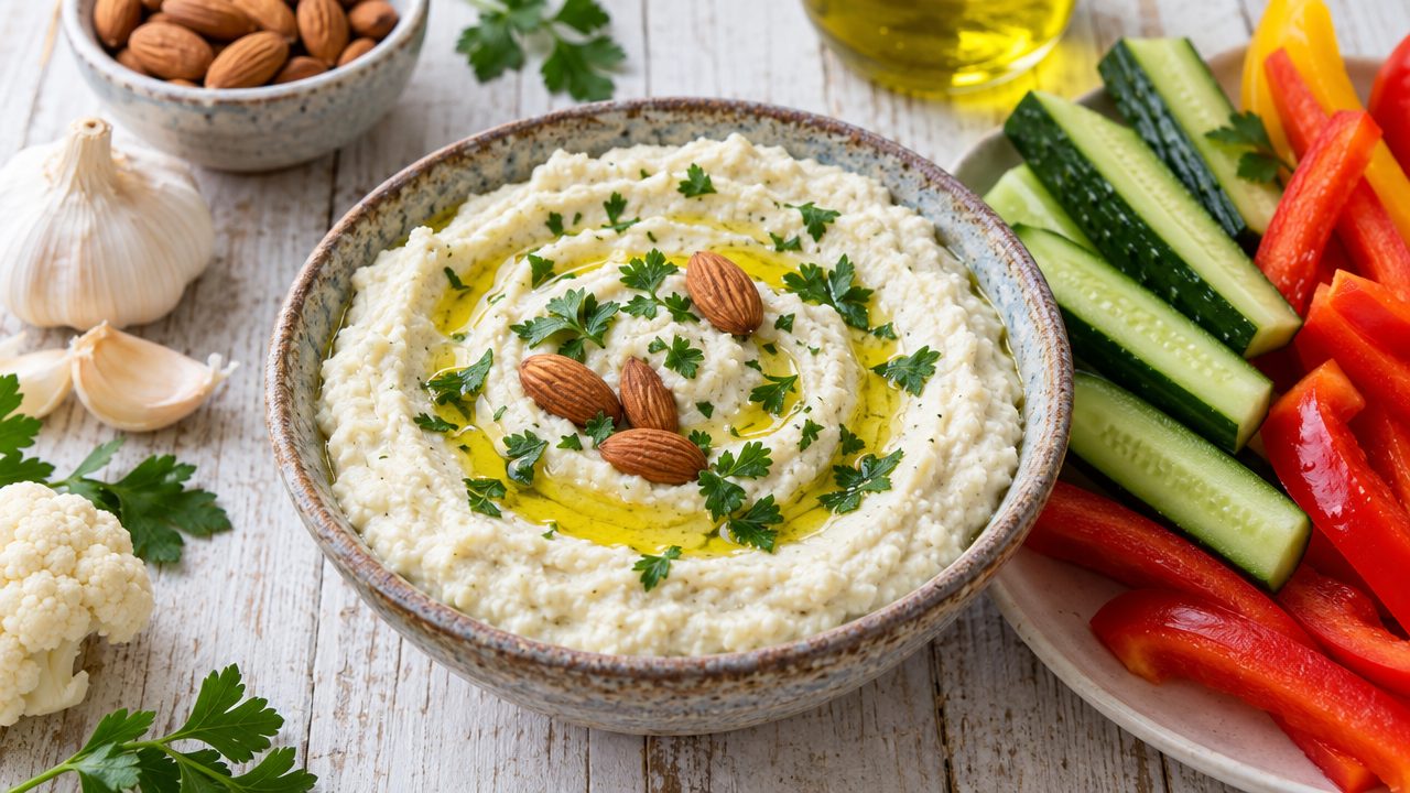 Skordalia — Greek Garlic Almond Sauce, plated and ready to serve