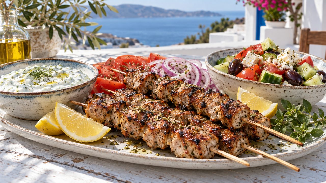 Souvlaki — Greek Pork Skewers, plated and ready to serve