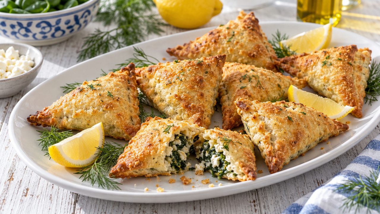 Spanakopita Bites (Almond Flour Pastry), plated and ready to serve