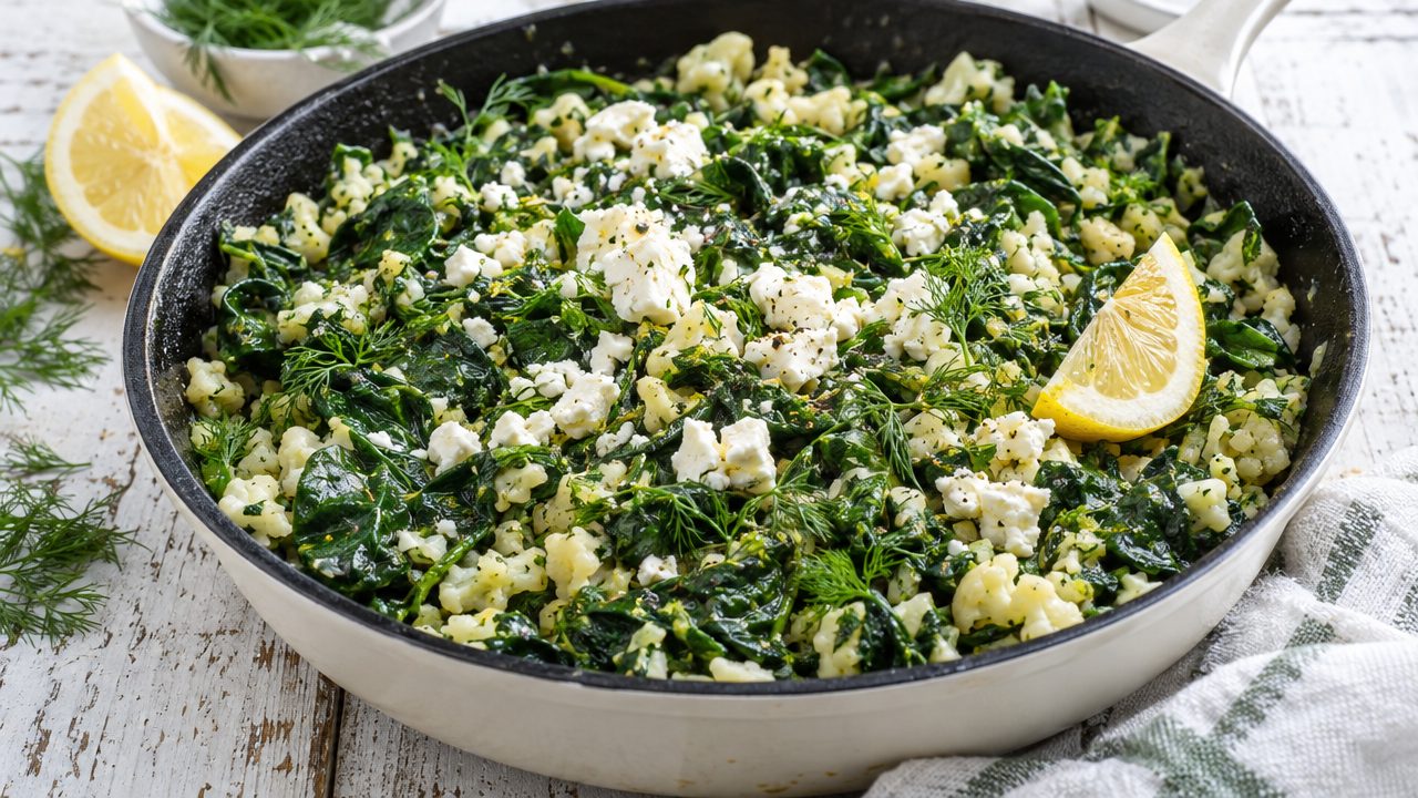 Spanakorizo — Keto Spinach Rice, plated and ready to serve