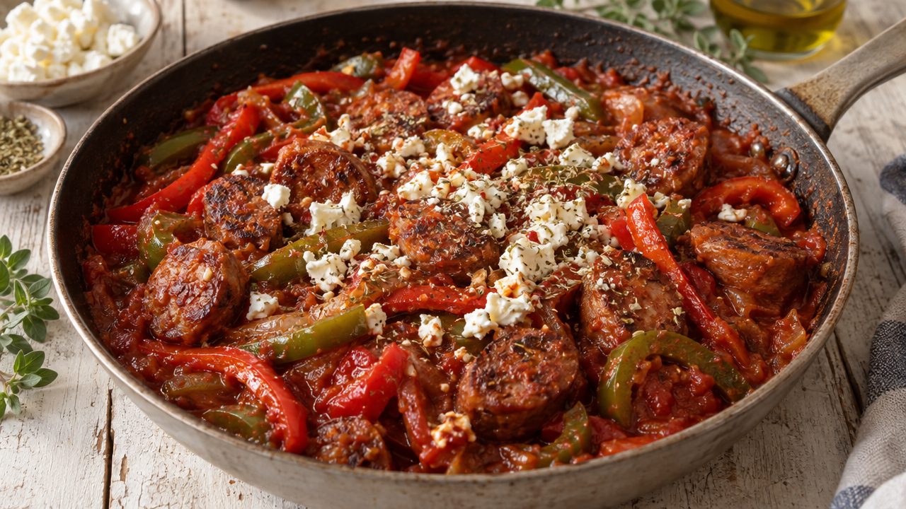 Spetzofai — Sausage with Peppers and Tomato, plated and ready to serve
