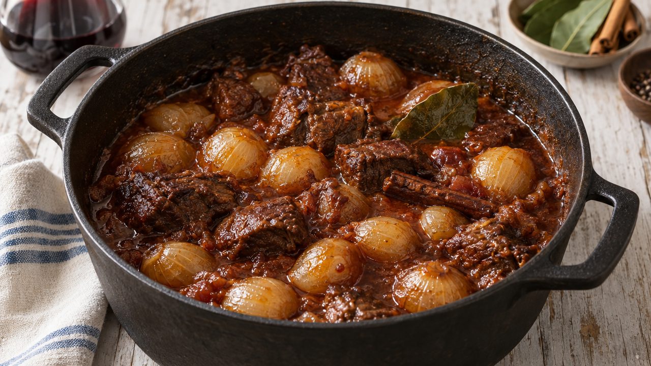 Stifado — Greek Beef and Onion Stew, plated and ready to serve