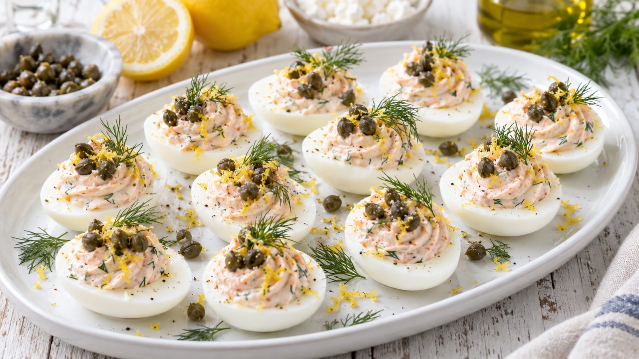 Taramosalata Deviled Eggs, plated and ready to serve