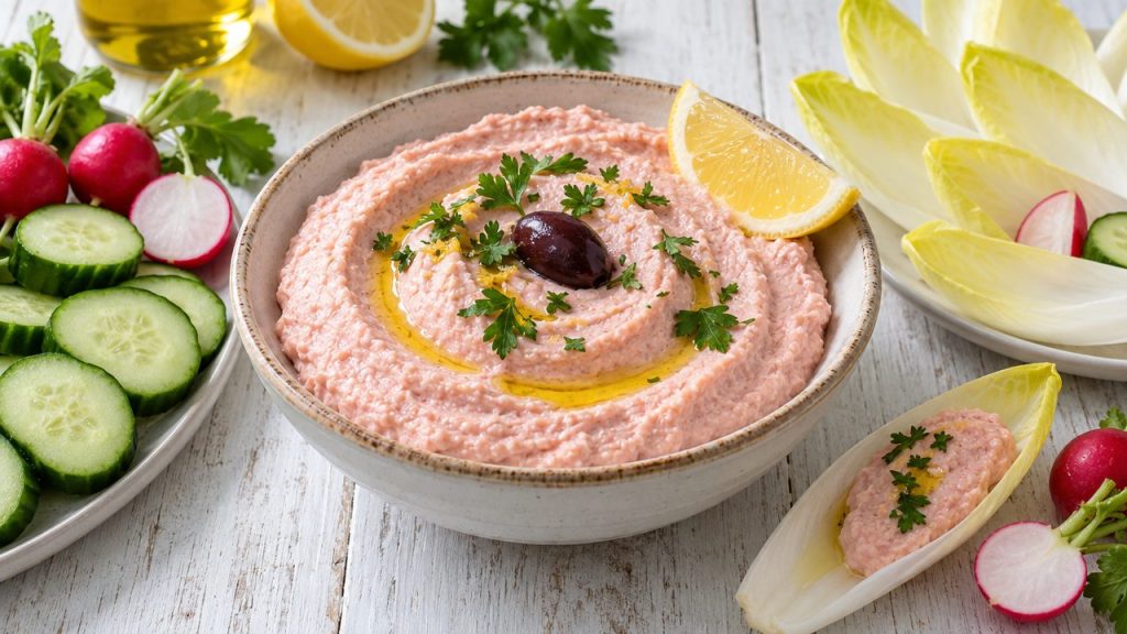 Taramosalata (Keto Fish Roe Dip), plated and ready to serve