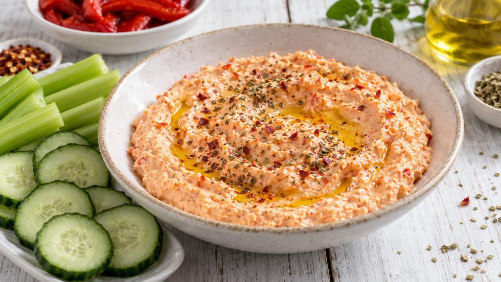 Tirokafteri (Spicy Whipped Feta Dip), plated and ready to serve
