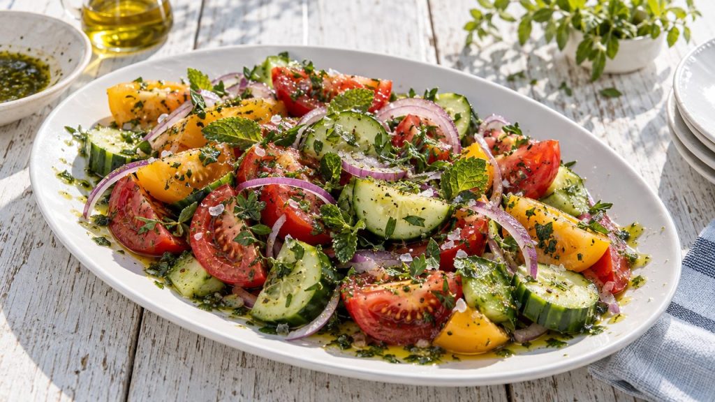 Tomato-Cucumber Salad with Herb Oil, plated and ready to serve