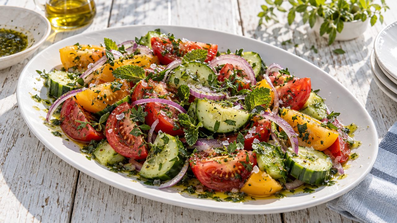 Tomato-Cucumber Salad with Herb Oil, plated and ready to serve