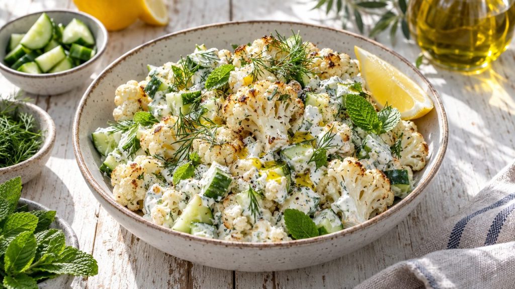 Tzatziki Cauliflower Rice, plated and ready to serve