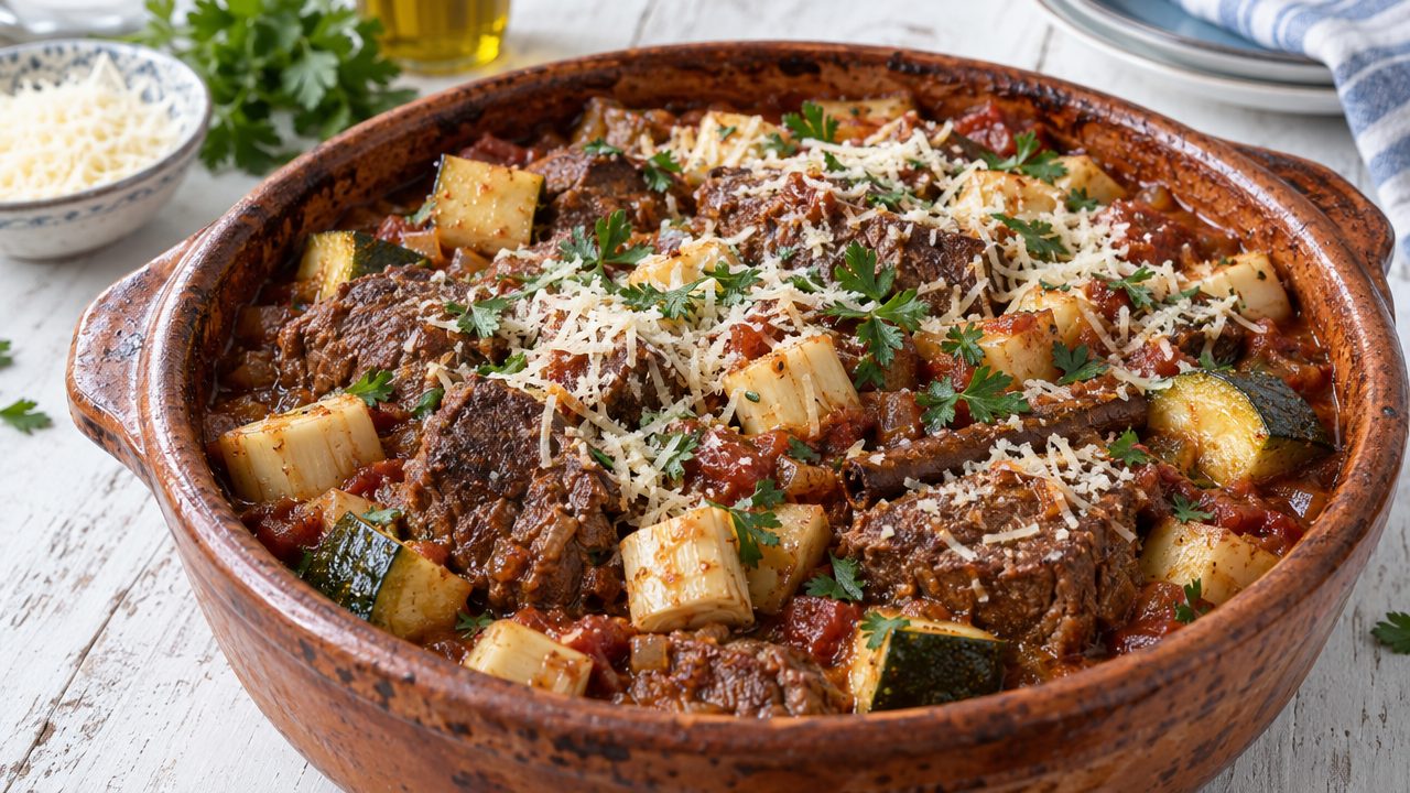 Yiouvetsi — Keto Lamb and Orzo Bake, plated and ready to serve
