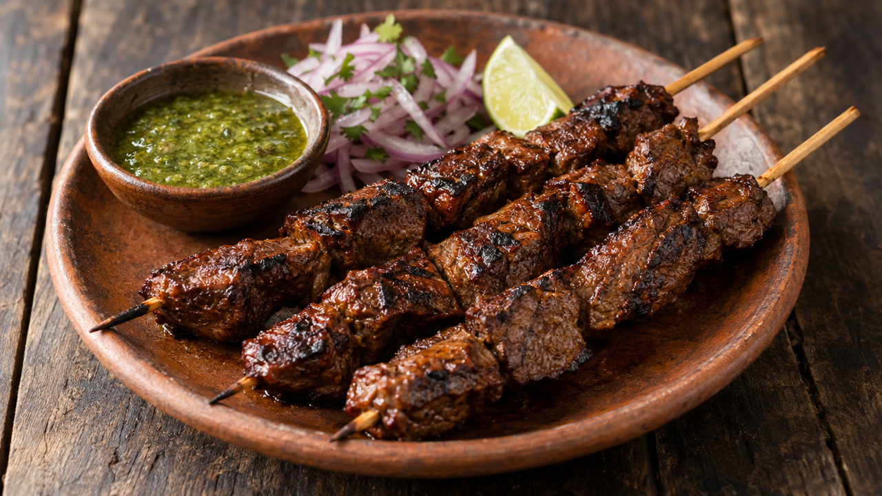 Grilled anticucho beef skewers with green aji sauce