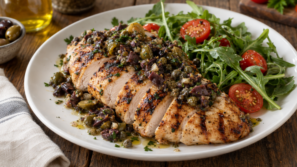 Grilled chicken with olive tapenade