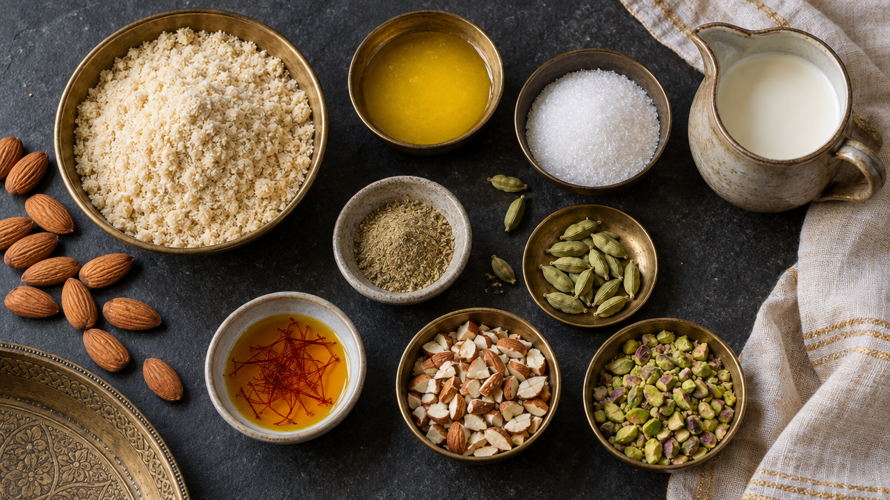 Ingredients for Cardamom Almond Halwa