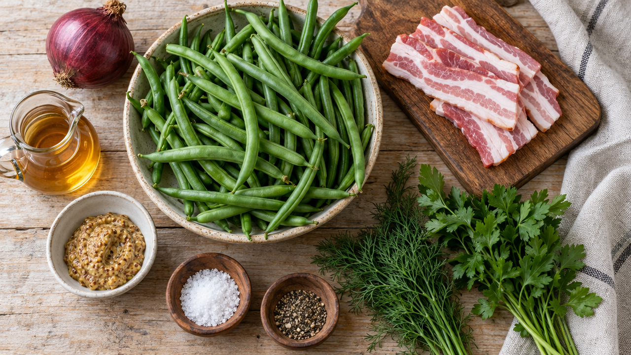 Ingredients for Green Bean Salad with Hot Bacon Dressing