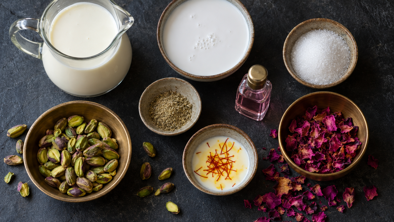 Ingredients for Pistachio & Rose Kulfi