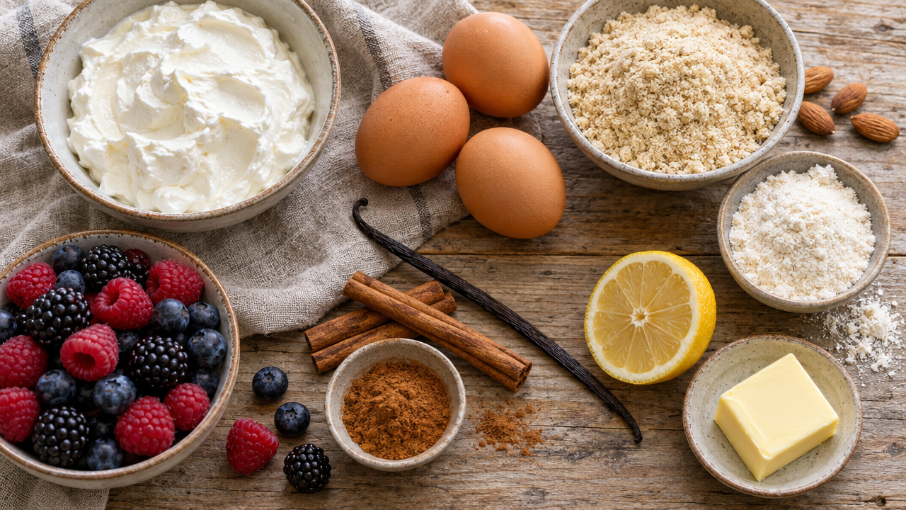 Ingredients for Quark Pancakes with Cinnamon Berry Compote