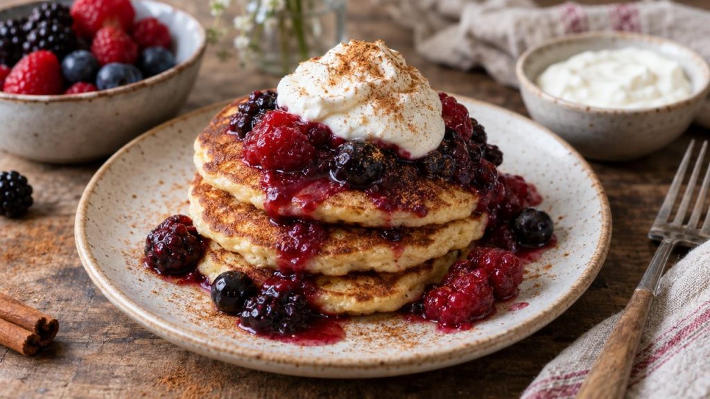 Quark Pancakes with Cinnamon Berry Compote, plated and ready to serve