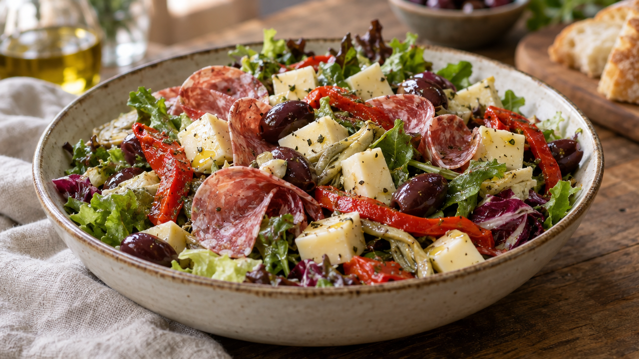 Italian antipasto salad with salami and provolone