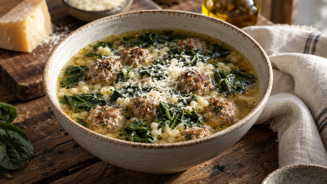 Italian wedding soup with meatballs and spinach