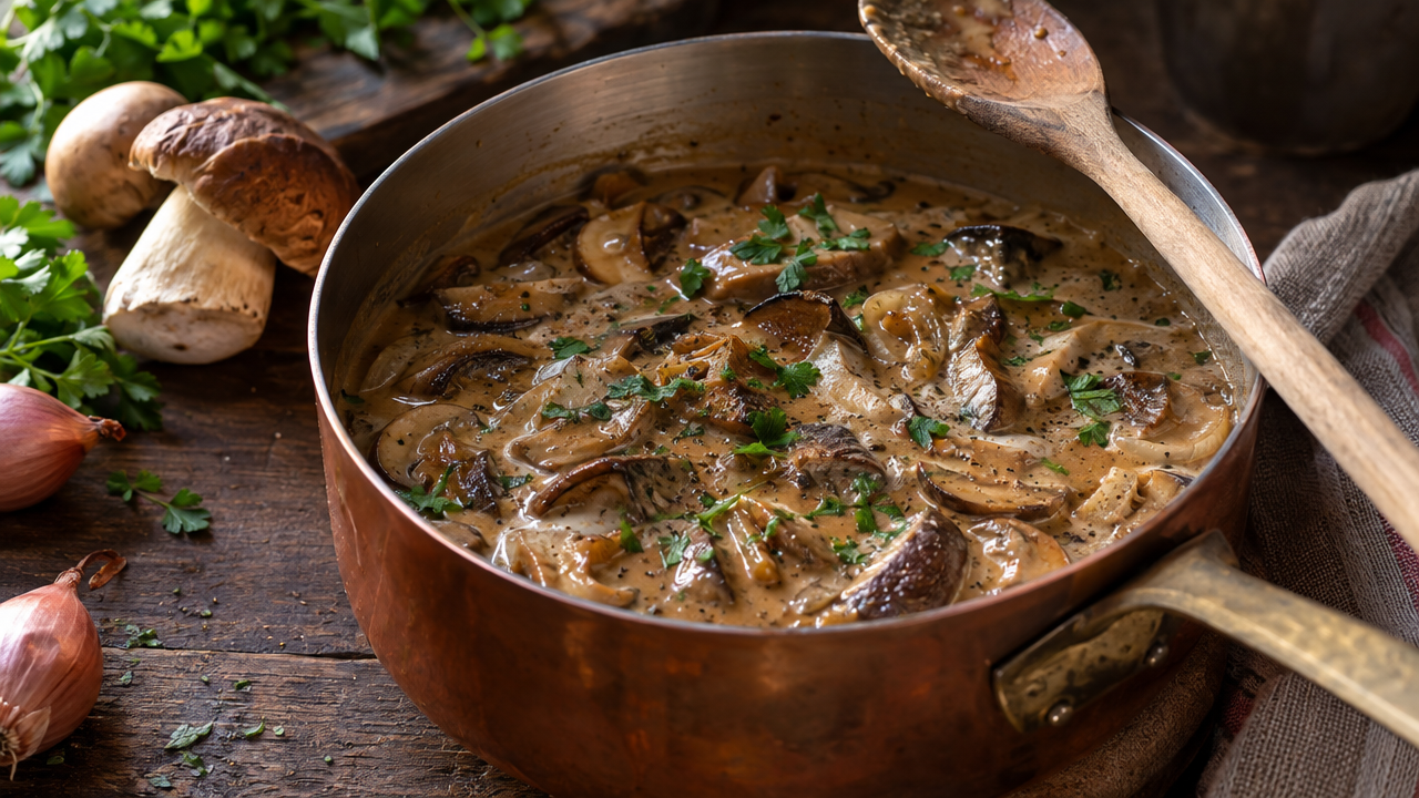 Jägersoße Hunter's Mushroom Sauce, plated and ready to serve
