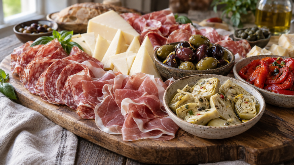 Keto antipasto platter with cured meats and cheese