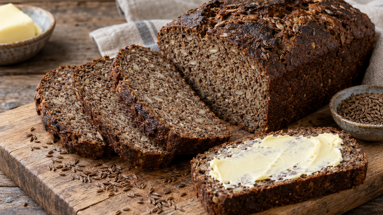 Keto Dark Rye Bread Dunkelbrot, plated and ready to serve