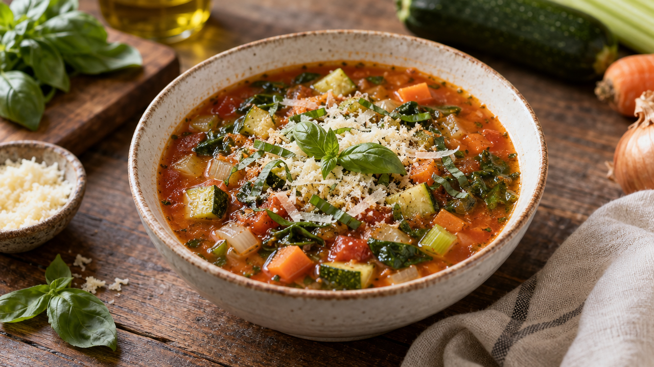 Keto minestrone with zucchini and spinach