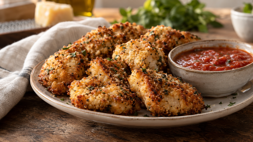 Keto parmesan chicken bites with marinara