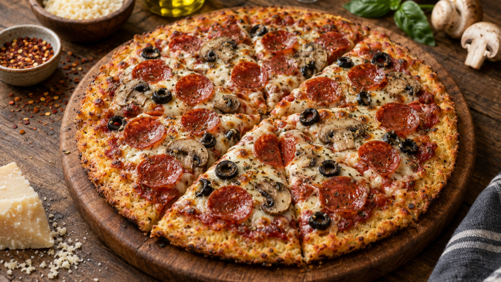 Keto pepperoni mushroom pizza