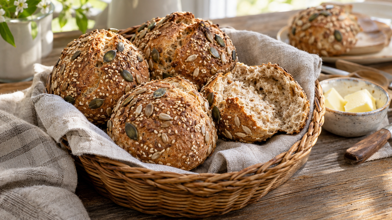 Keto Vollkornbrötchen Seeded Rolls, plated and ready to serve