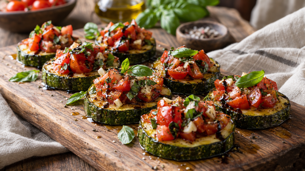 Keto zucchini bruschetta with tomatoes and basil
