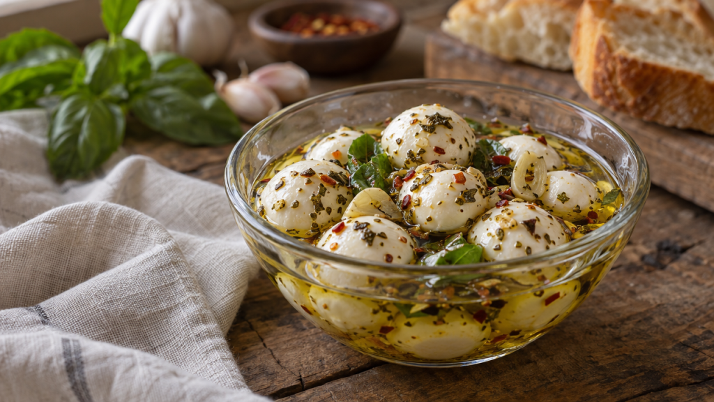 Marinated mozzarella balls in olive oil